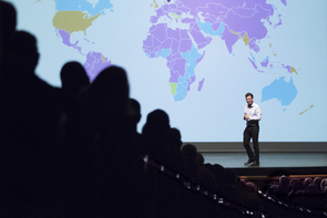 Luis von Ahn stands in front of a map showing Duolingo's reach worldwide. The purple regions are where English is the dominant language being learned on Duolingo. The gold is for Spanish, the blue for French. (Photo: Bob Demers/UANews) Luis von Ahn stands in front of a map showing Duolingo's reach worldwide. The purple regions are where English is the dominant language being learned on Duolingo. The gold is for Spanish, the blue for French. (Photo: Bob Demers/UANews)